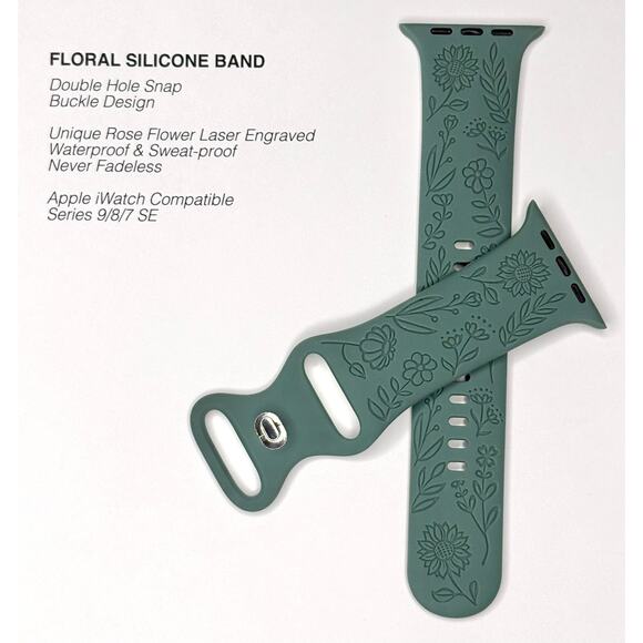 Unbranded Apple iWatch 9/8/7 SE Engraved Rose Floral 34mm Silicone‎ Watch Band - Picture 2 of 8